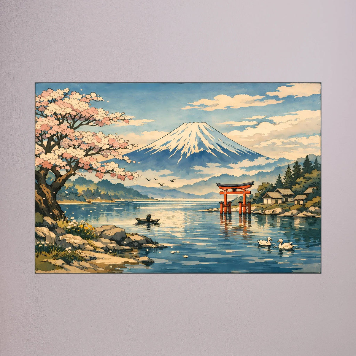 Querformatiges Wandbild mit schwarzem Rahmen: Fuji über See mit Kirschblüten