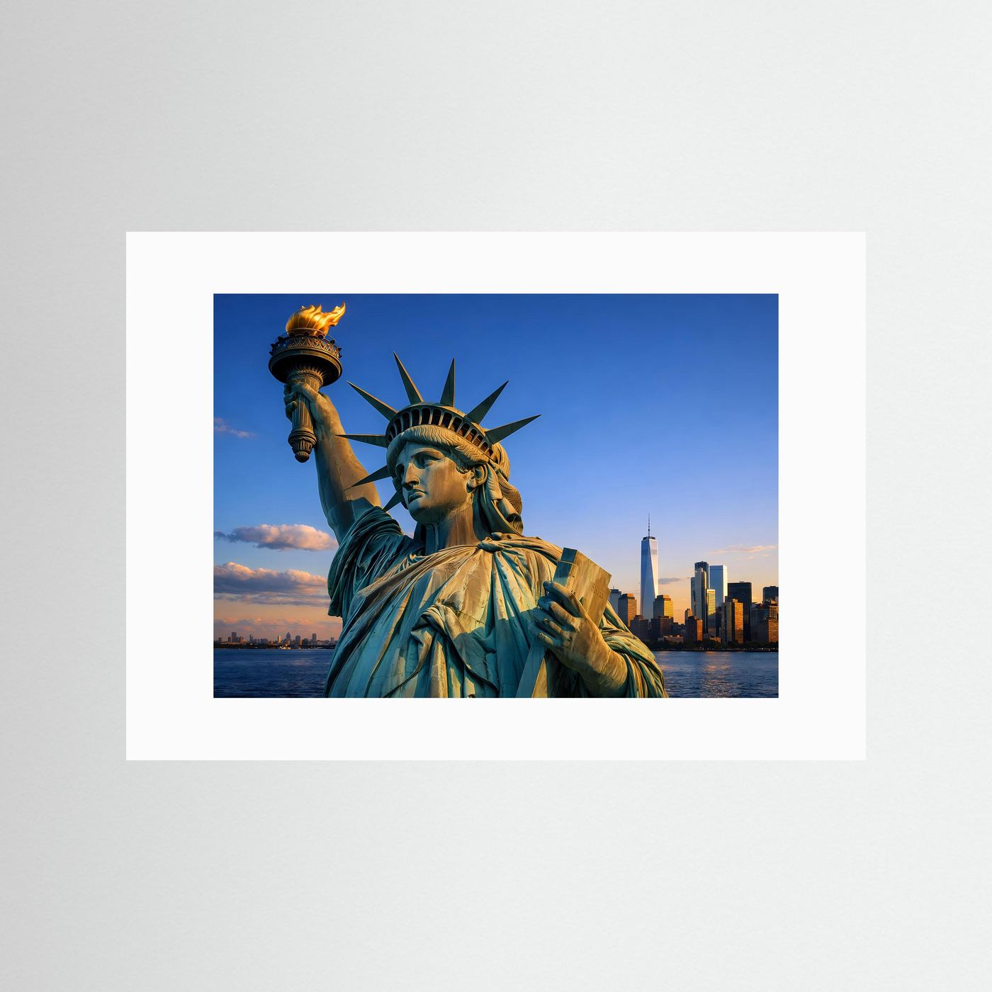 Freiheitsstatue-Poster ohne Rahmen mit weißem Passepartout und New-York-Skyline