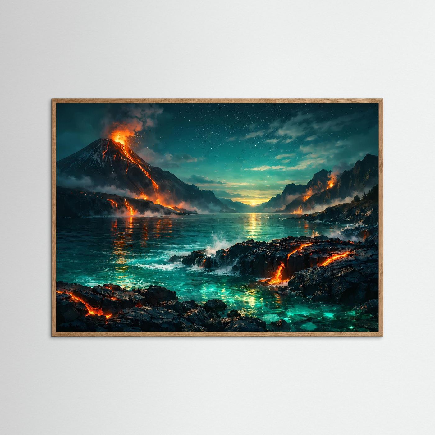 Wandbild Vulkanlandschaft am Meer, hellbraun gerahmt