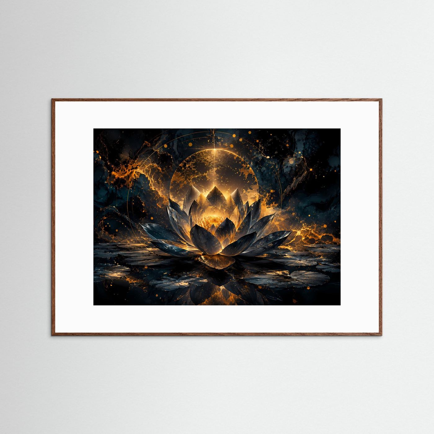 Goldener Lotus im Dunkeln Poster | Mystische Lotusblüte Schwarz Gold Elegantes Zen Wandbild Querformat