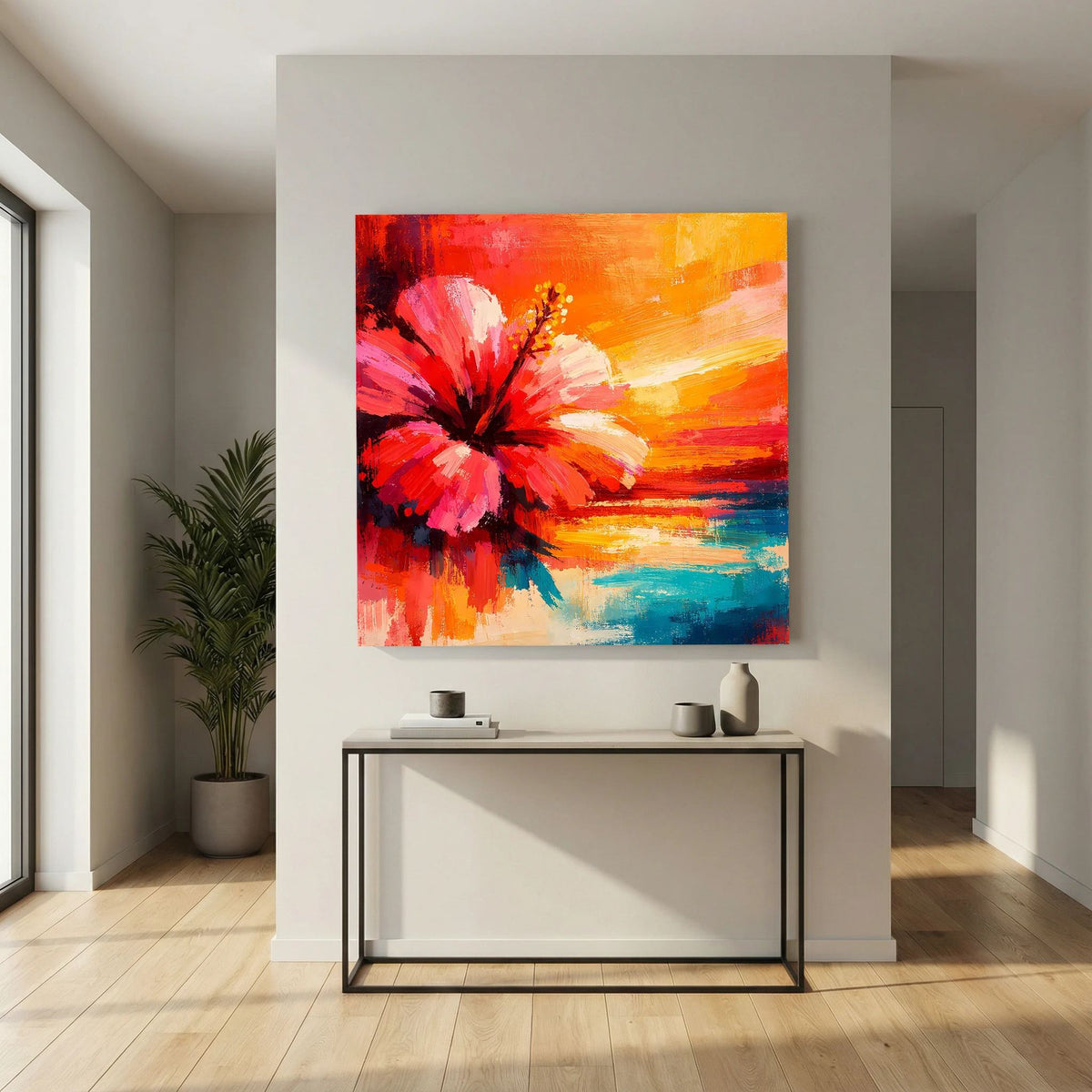 Abstraktes Hibiskusblütenbild auf Leinwand mit roten und blauen Farbverläufen