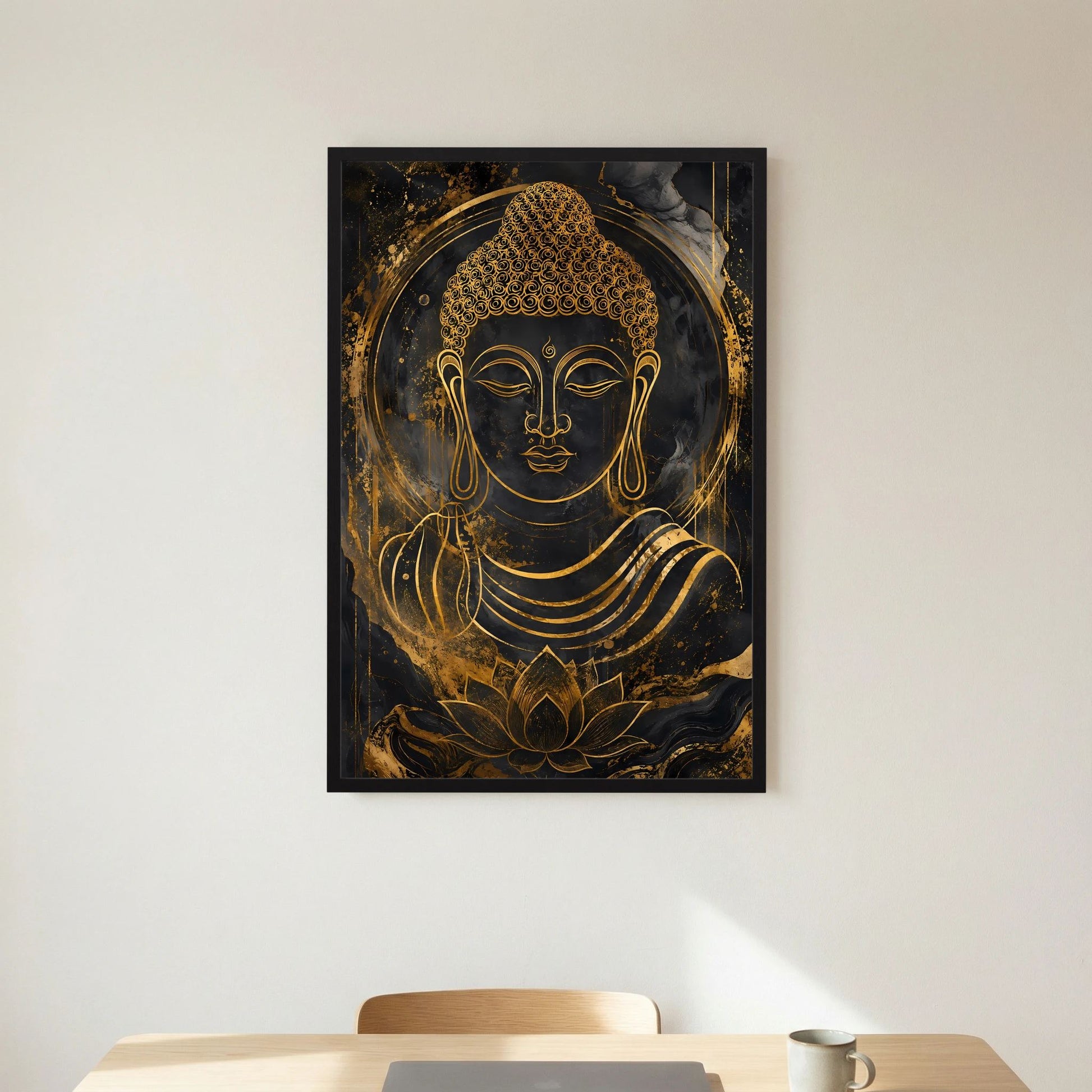 Buddha-Poster Hochformat: goldener Buddha mit Lotus in schwarzer Umrahmung auf dunklem Grund