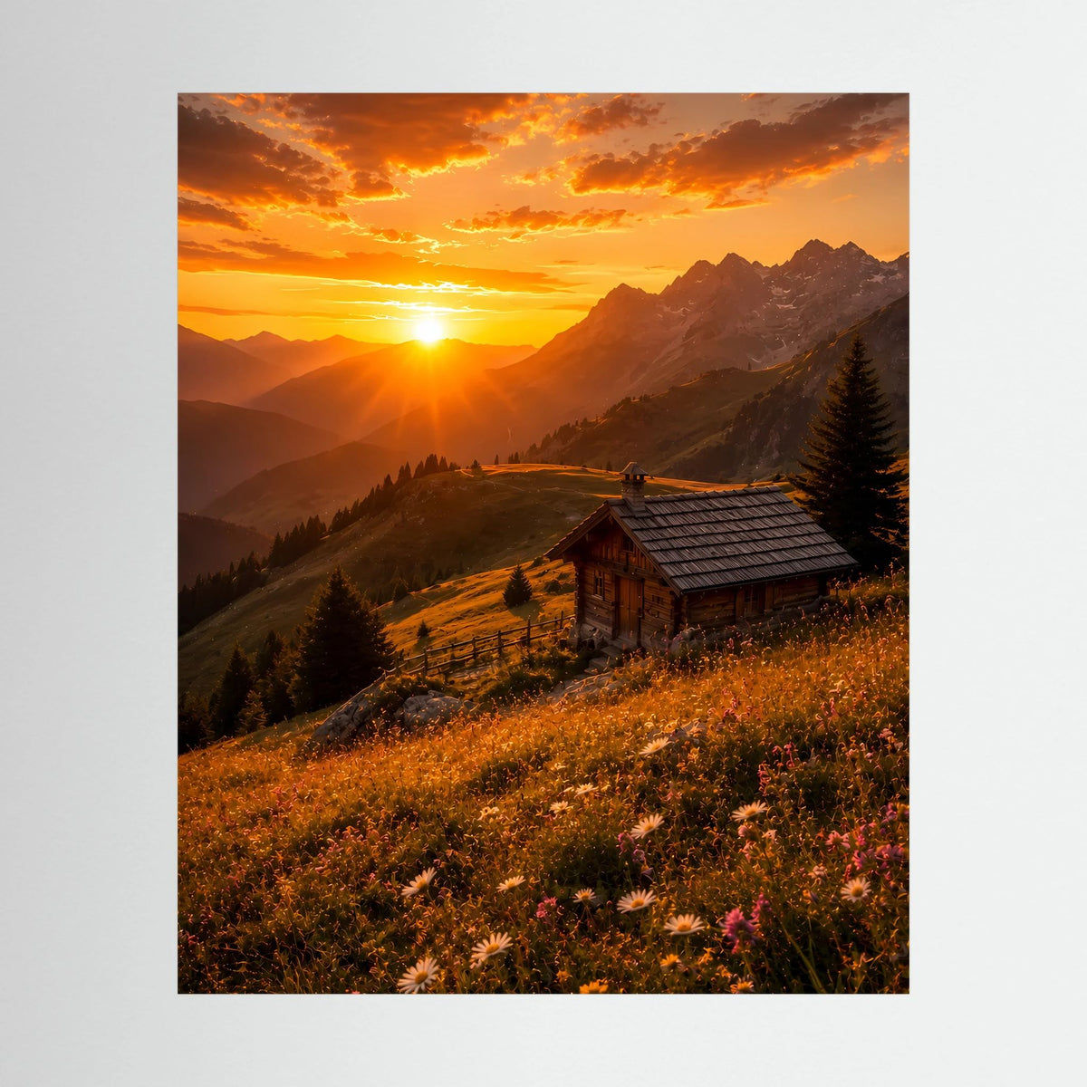 Hochformat-Poster mit Alpenhütte im Sonnenuntergang und Bergen, orangefarbener Himmel