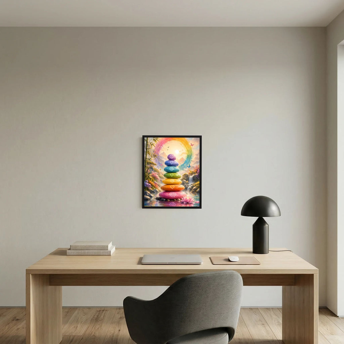 Schwarz gerahmtes Zen-Poster mit Regenbogenkreis und gestapelten farbigen Steinen