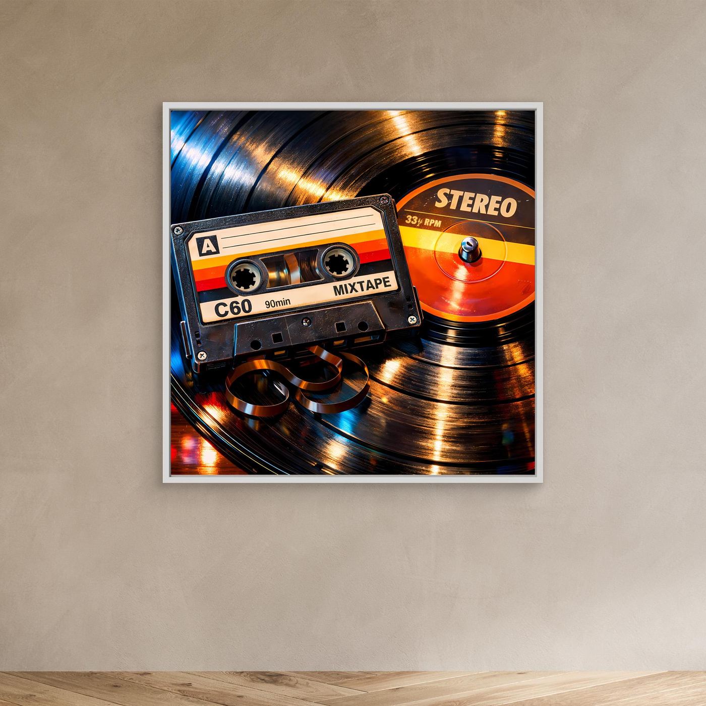 Leinwandbild mit Retro-Mix Tape und Schallplatte, orange/blau, weißer Rahmen