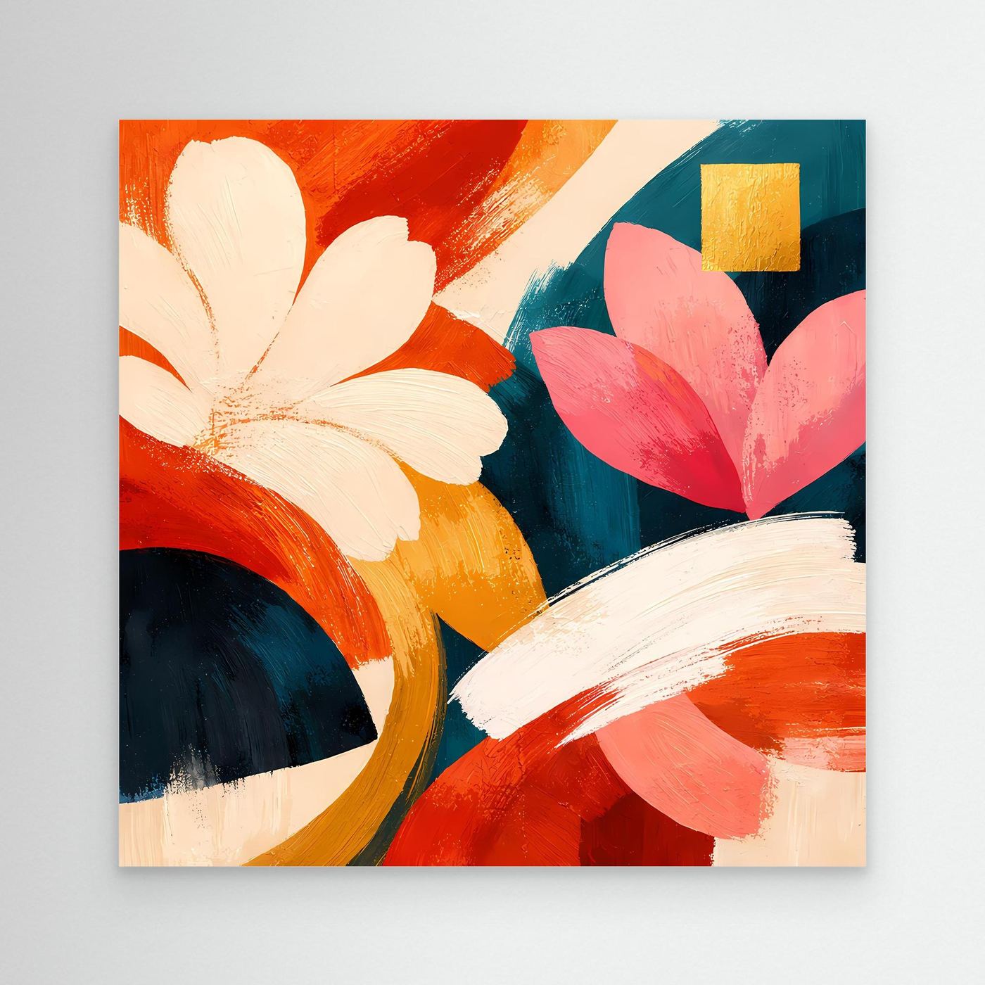 Abstraktes Leinwand-Wandbild mit weißen und rosafarbenen Blüten, rot-orange Akzenten, ohne Rahmen.