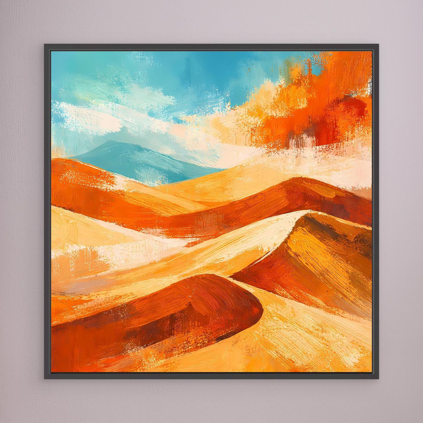 Abstract desert wall art with orange and gold dunes and blue sky; black frame
