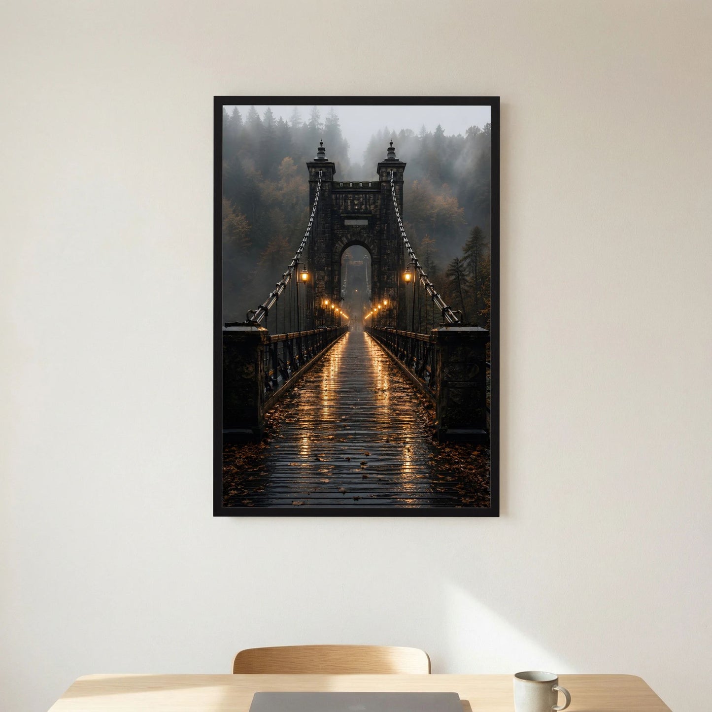 Gerahmtes Poster im Hochformat mit Hängebrücke im Nebel und warm schimmernden Laternen