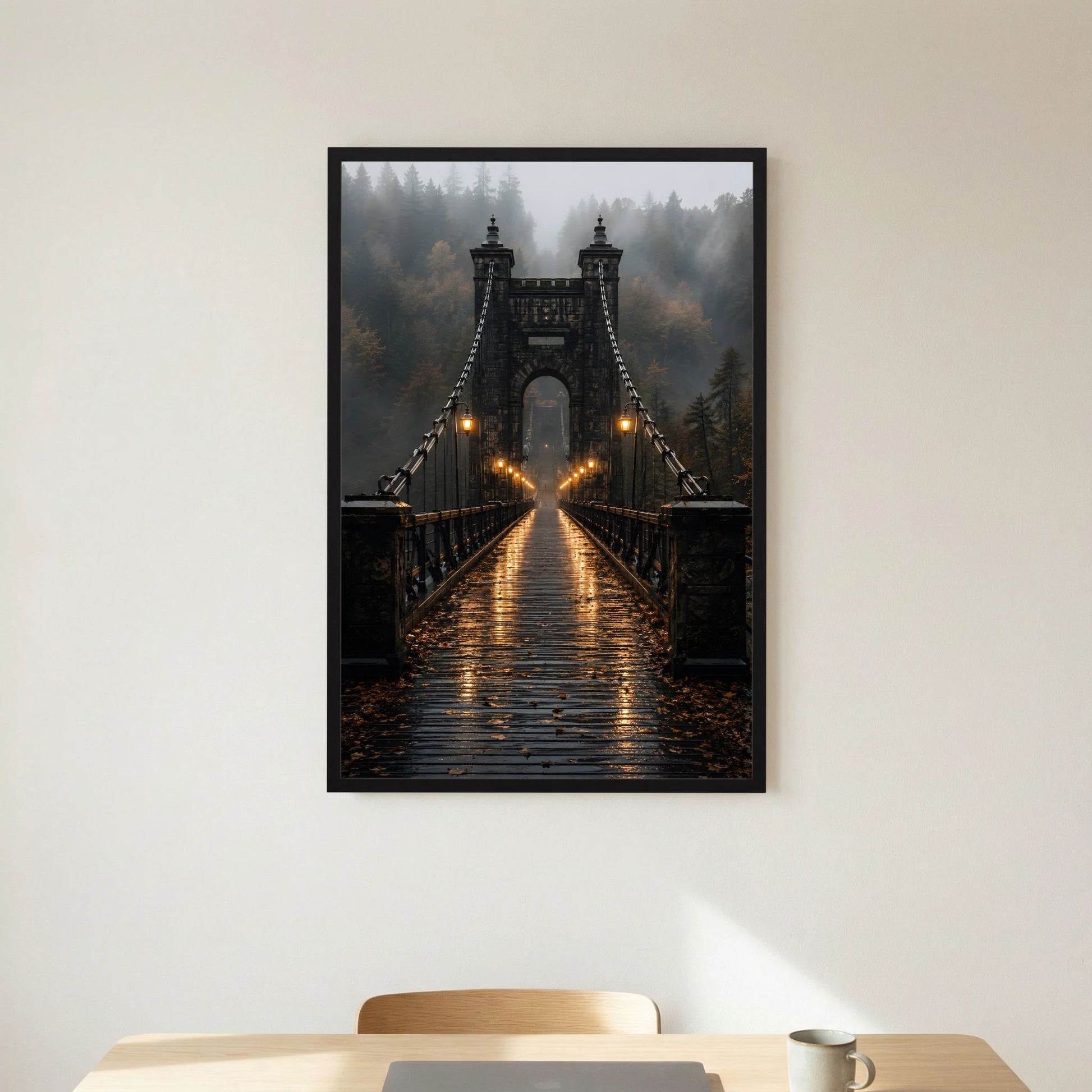 Gerahmtes Poster im Hochformat mit Hängebrücke im Nebel und warm schimmernden Laternen