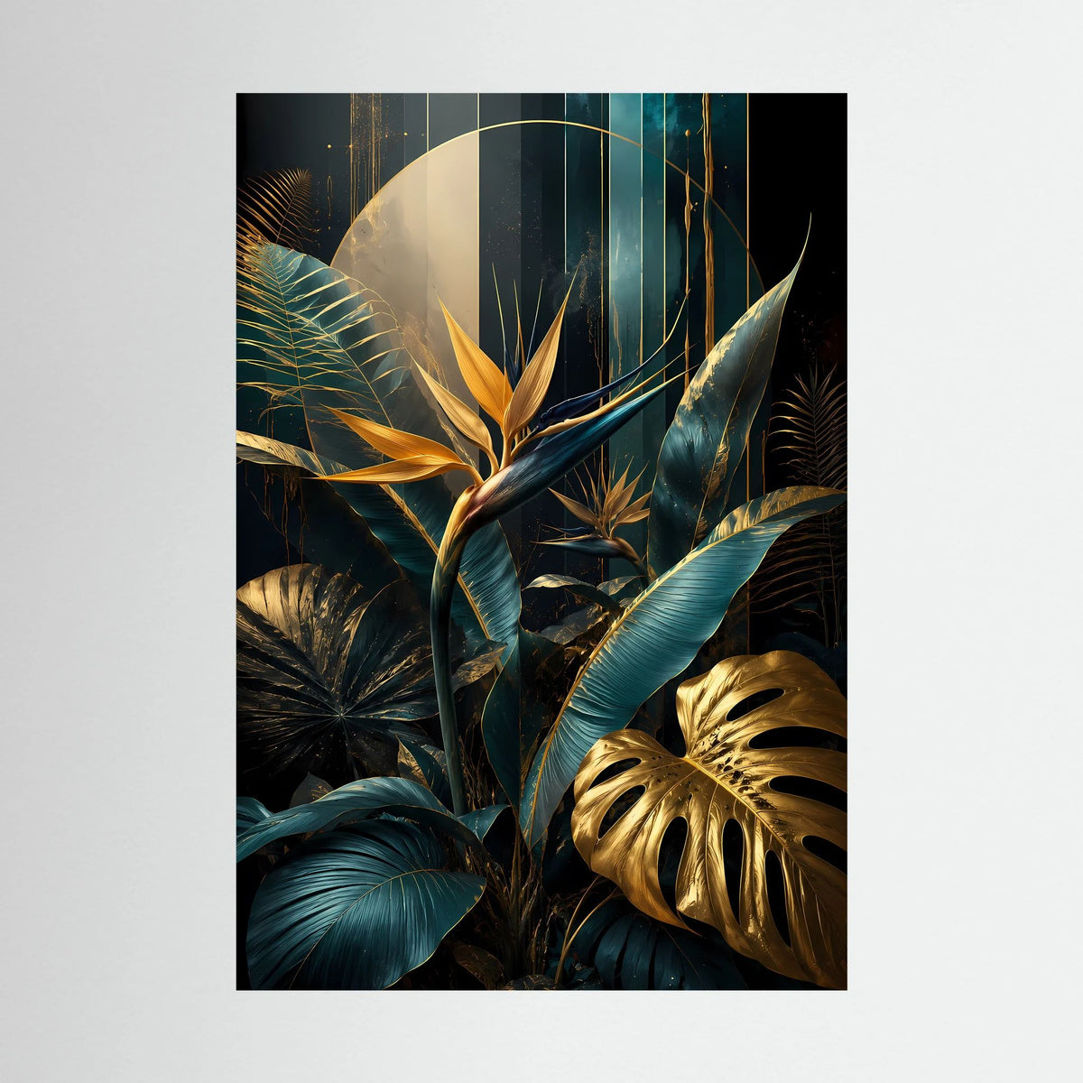 Poster mit tropischen Blättern in Petrol, Gold und dunklem Blau im Hochformat