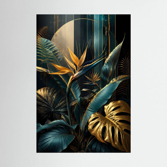 Poster mit tropischen Blättern in Petrol, Gold und dunklem Blau im Hochformat