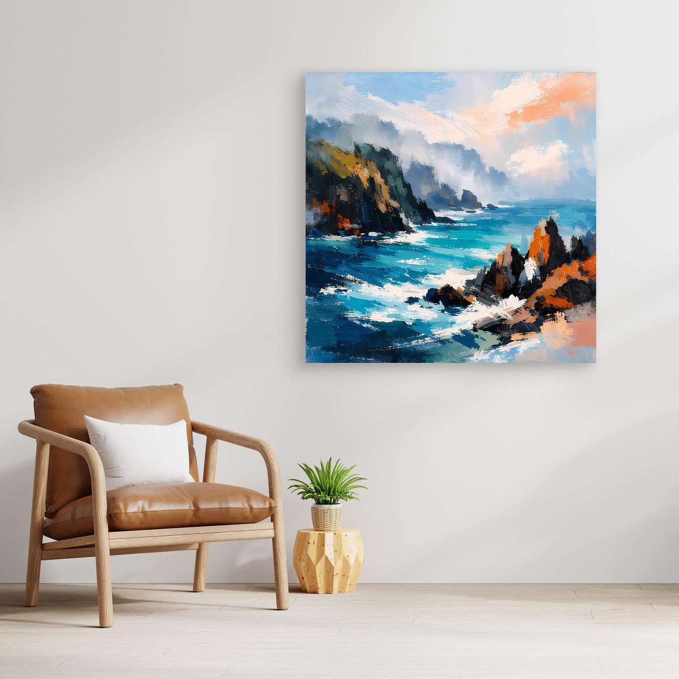 Abstraktes Leinwand-Wandbild: Klippen und Meer in Blau und Orange, ohne Rahmen