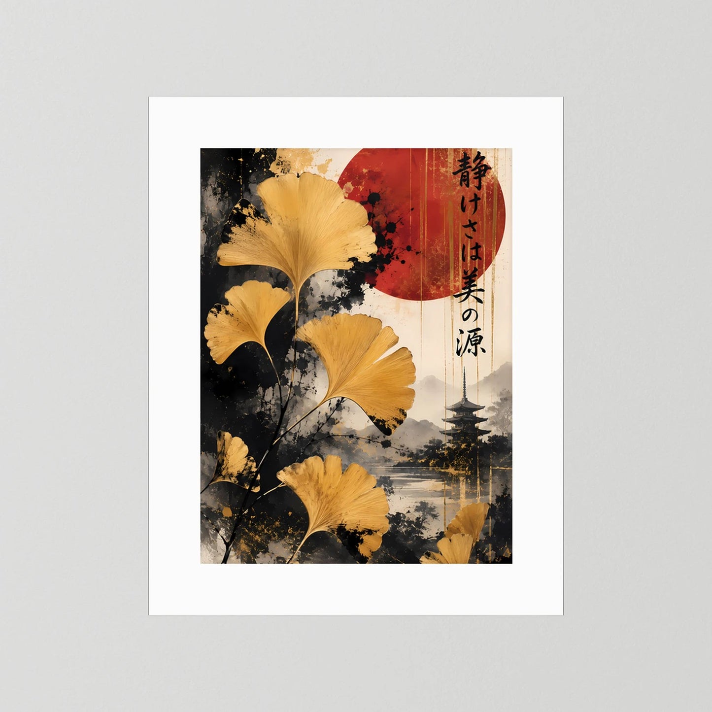 Ginkgo-Poster mit goldgelben Blättern, roter Sonne und Pagode mit weißem Passepartout
