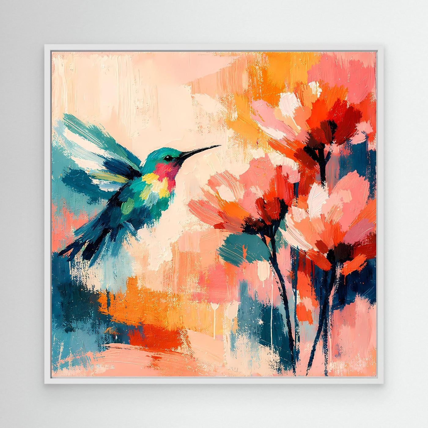 Abstract canvas hummingbird wall art with colorful flowers, white frame