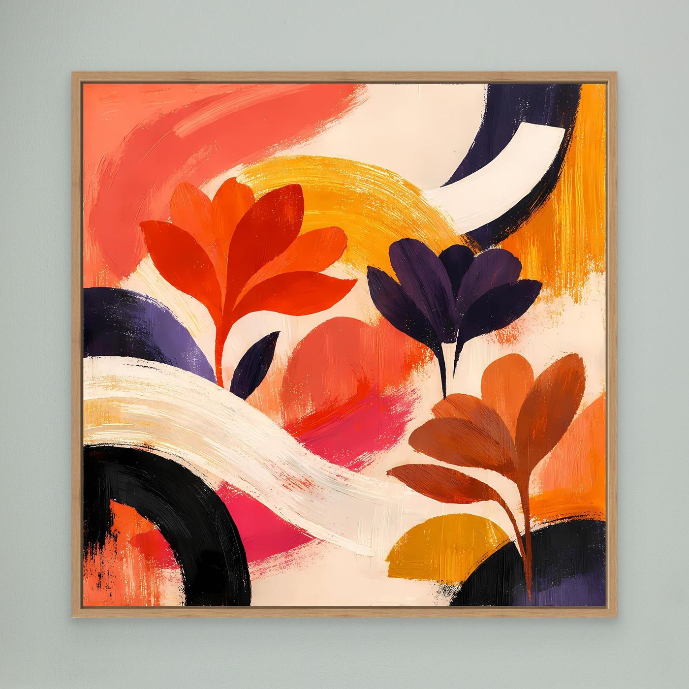 Leinwandbild abstrakte Blumen mit Pinselstrichen, Rot-Orange-Violett auf hellem Grund; Rahmen hell