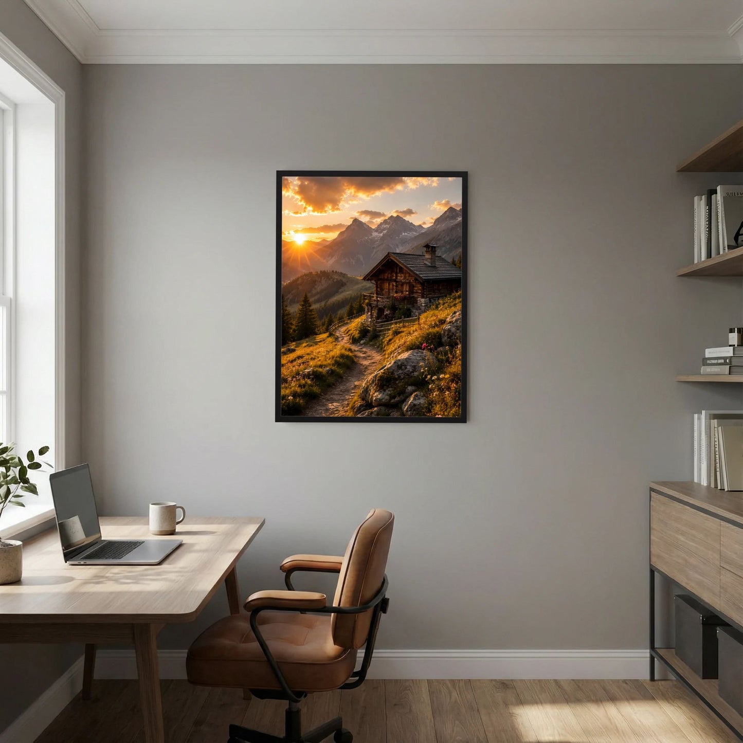 Hochformat-Poster mit schwarzem Rahmen, Alpenhütte im Sonnenuntergang, warmes Licht in den Bergen