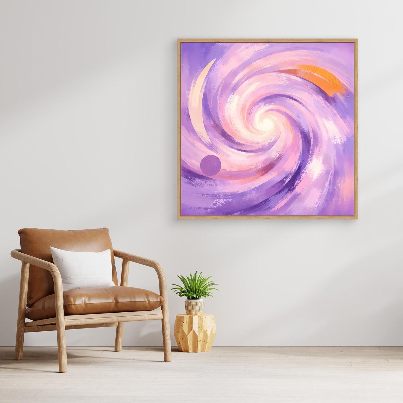 Gerahmtes Leinwandbild mit abstraktem Pastellwirbel in Flieder und Rosa, violette Wirbel