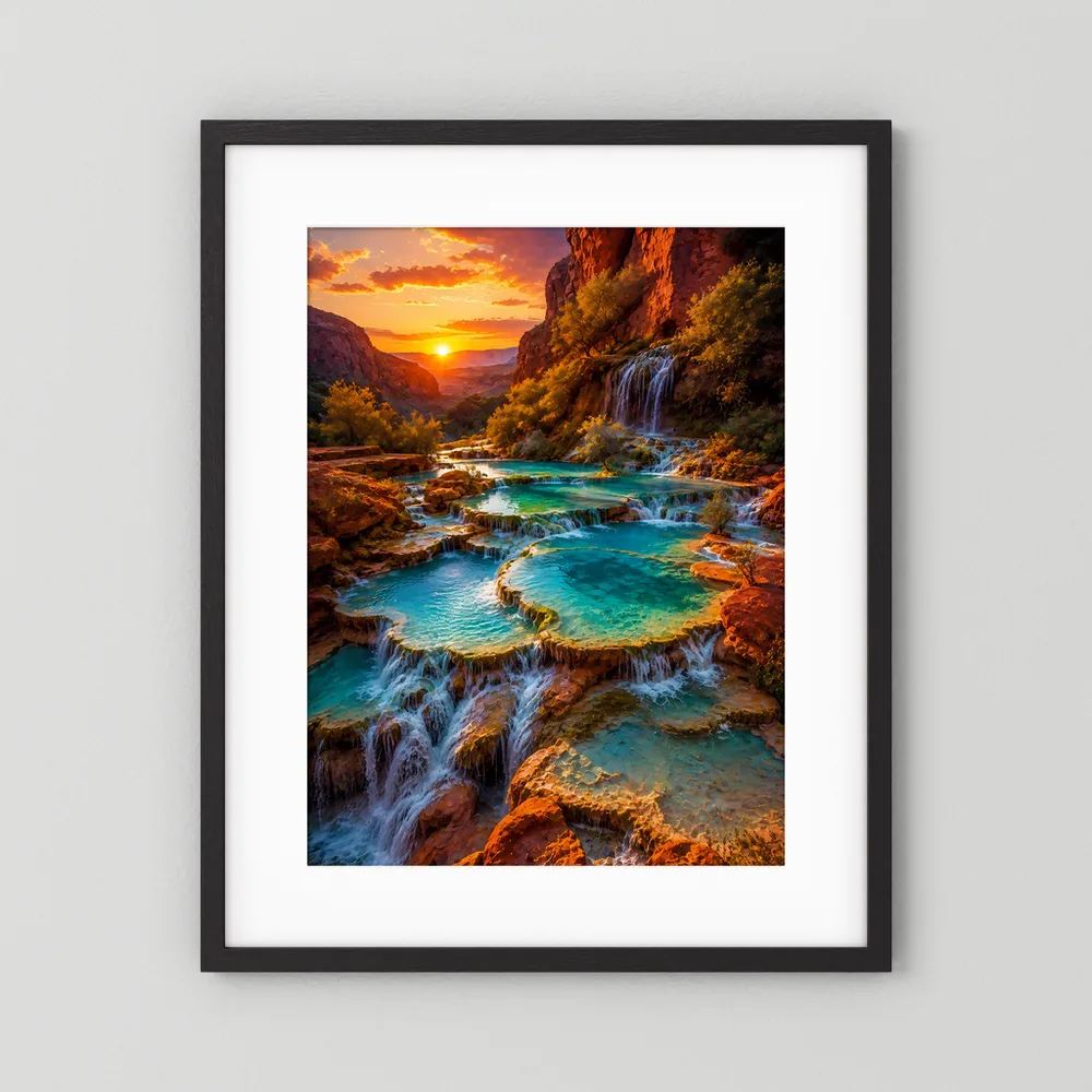 Hochformat-Poster mit schwarzem Rahmen und weißem Rand: Wasserfälle im Canyon, türkisfarbene Pools