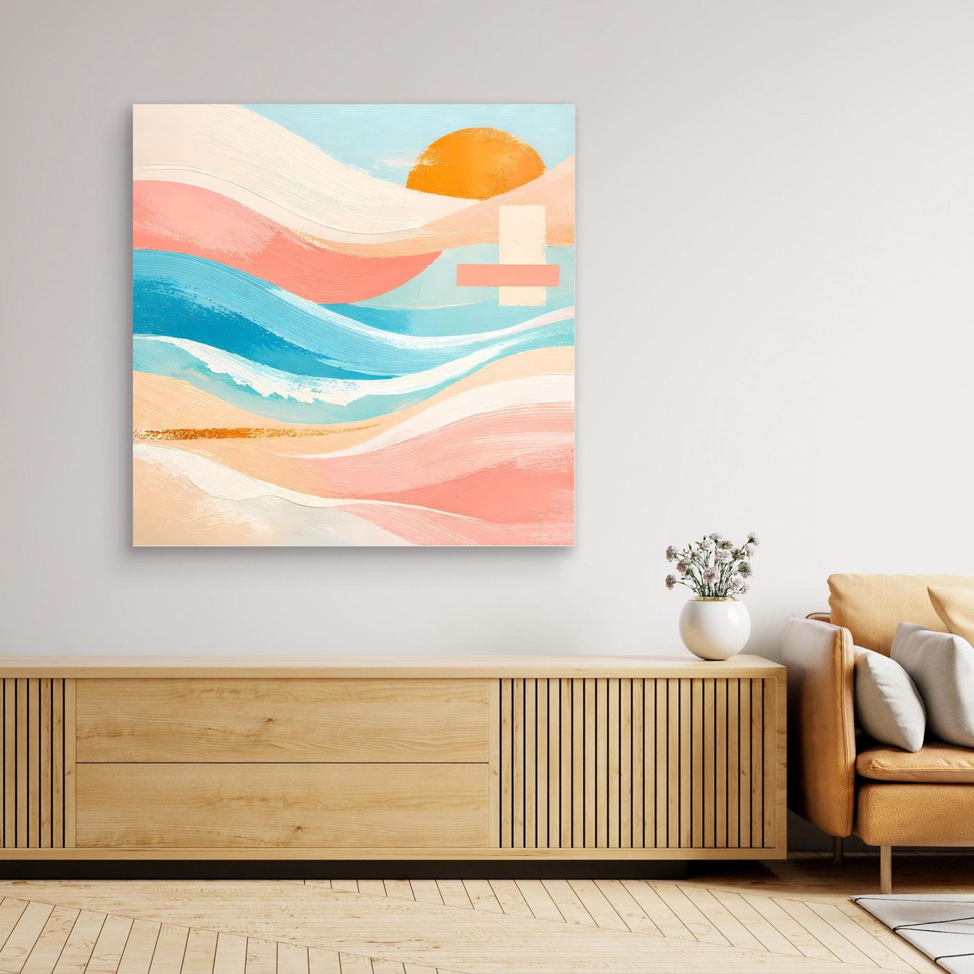 Quadratisches Leinwandbild mit abstraktem Meer und orangefarbener Sonne in Pastell, ohne Rahmen