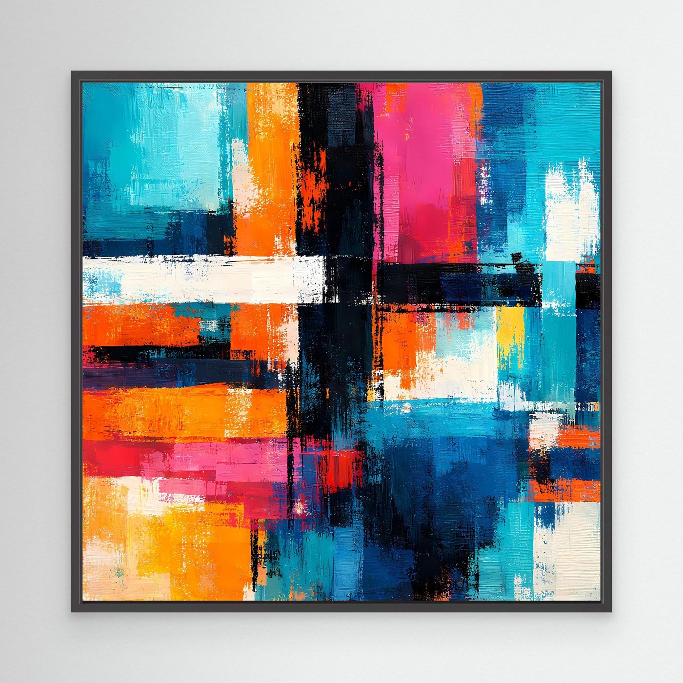 Abstract geometric canvas painting with colorful blocks and lines, black frame