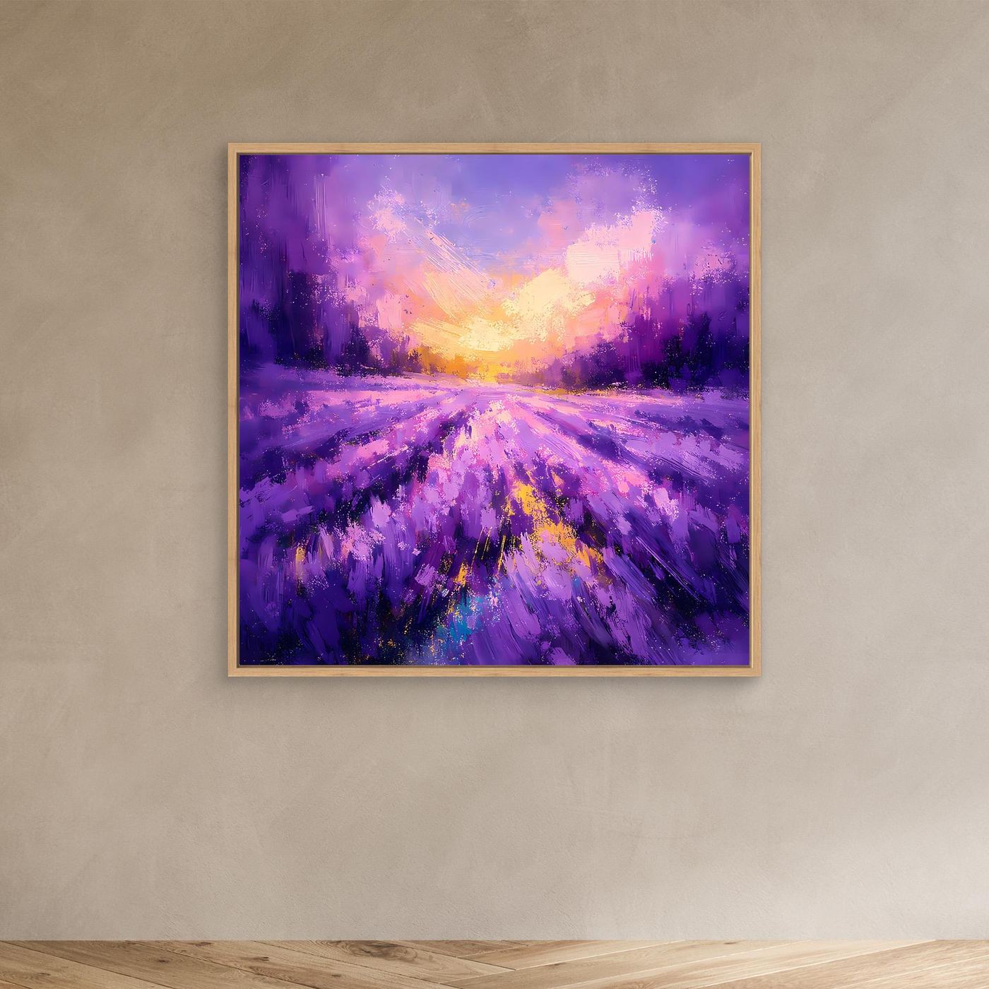 Leinwand-Wandbild mit violettem Lavendelfeld und goldenem Sonnenuntergang, Eichenrahmen