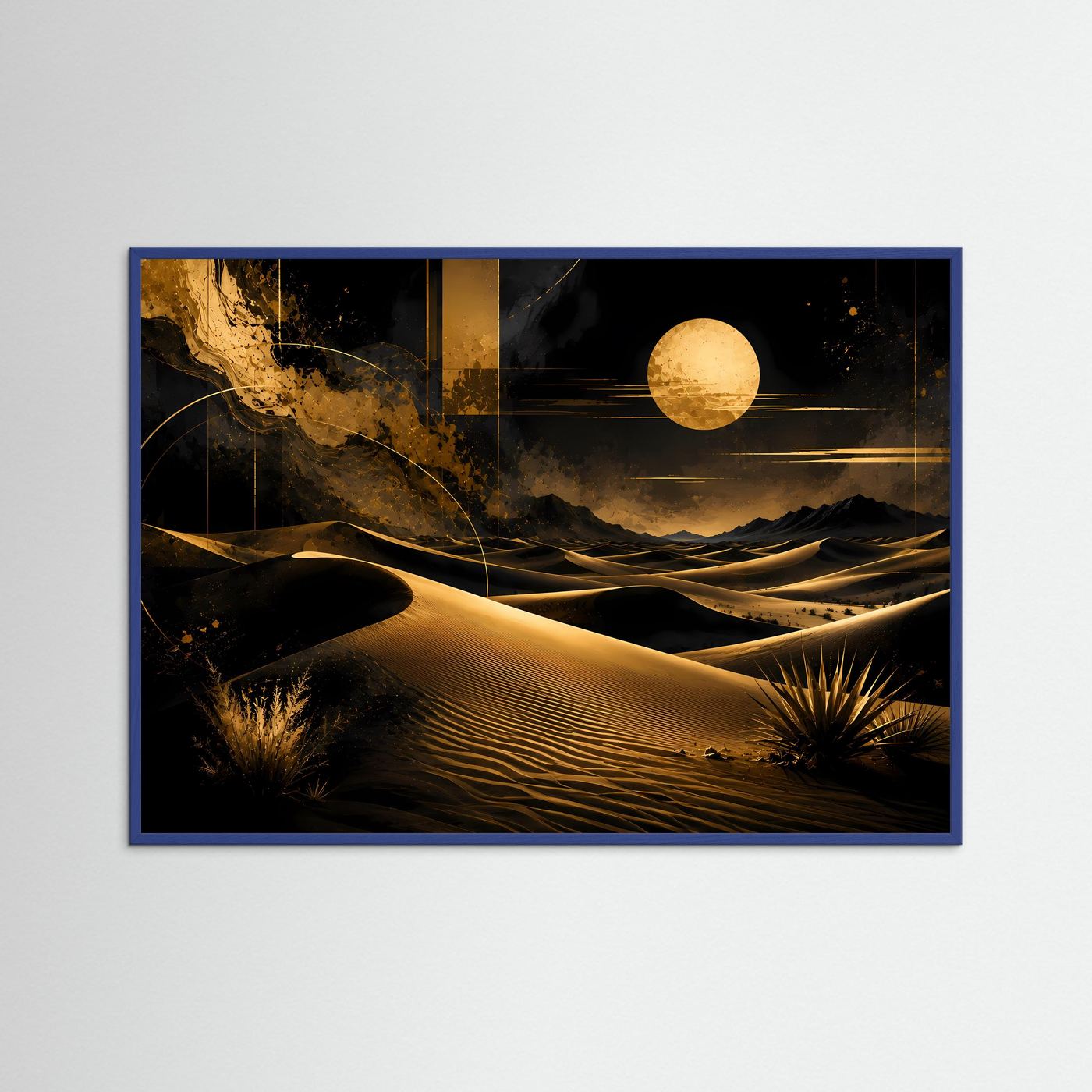 Gerahmtes Poster mit Sanddünen bei Nacht, blauer Rahmen, Schwarz-Gold, Querformat