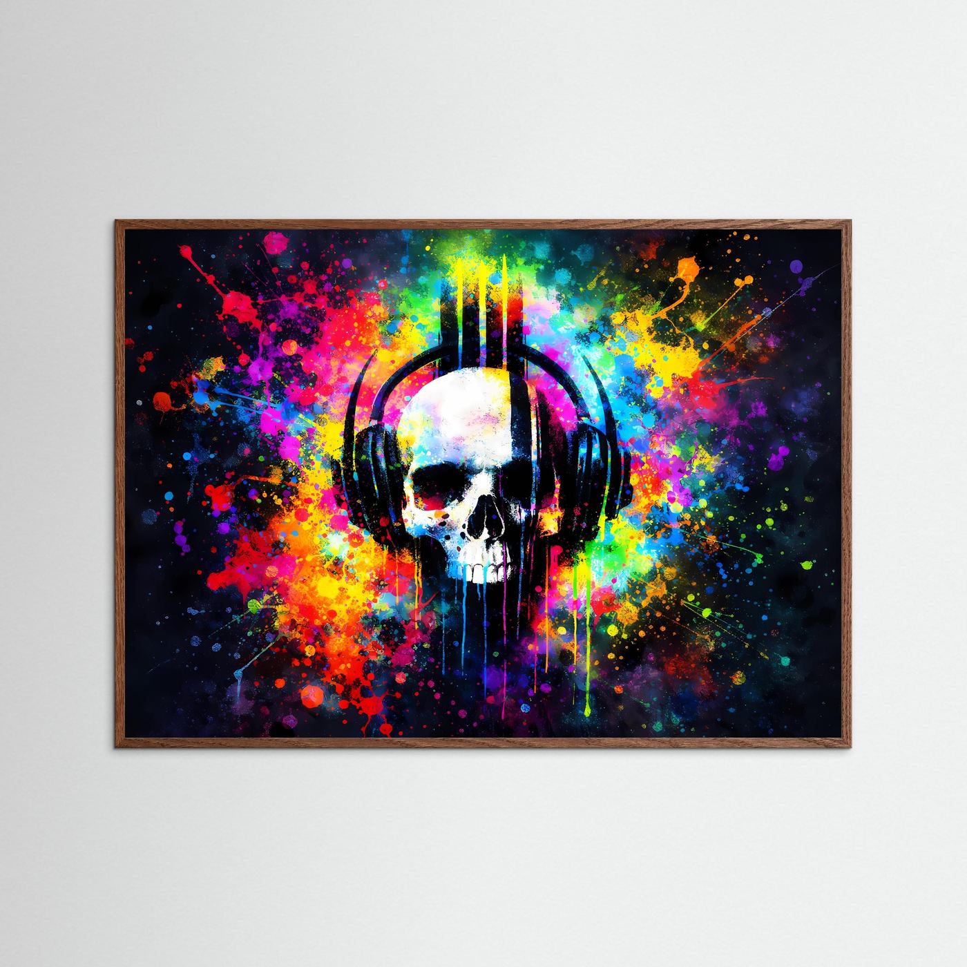 Wandbild mit Totenkopf in Kopfhörern im Pop-Art-Neonstil, querformatig, hellbraun gerahmt.
