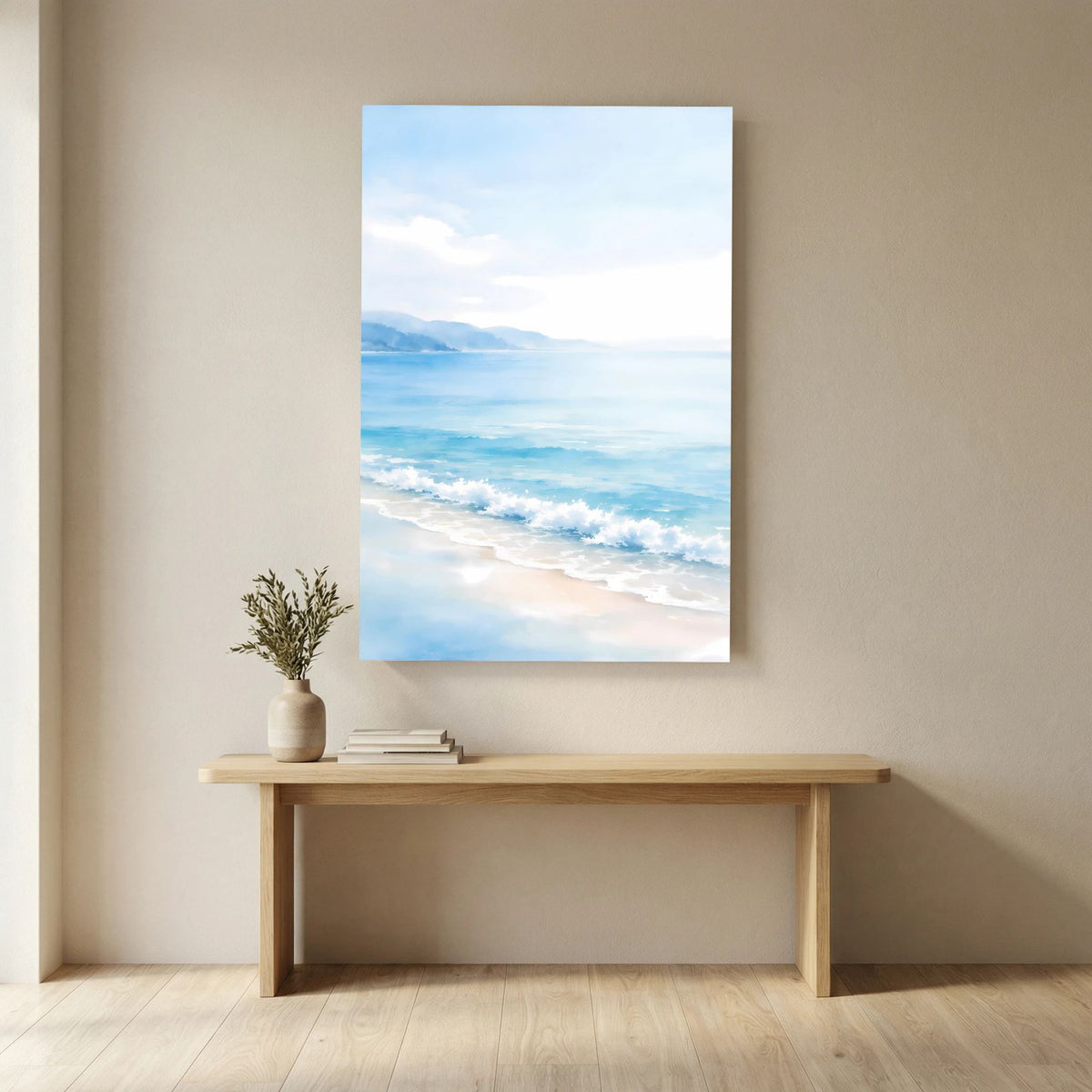 Wandbild mit Strand, türkisfarbenem Meer und Bergen, vertikal, ohne Rahmen