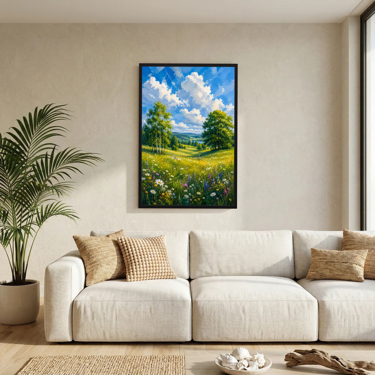 Kunstposter mit schwarzem Rahmen, Motiv: Blumenwiese in grünem Tal unter blauem Himmel.