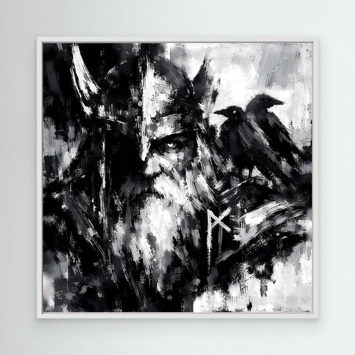 Leinwand-Wandbild mit Odin und Rabe, Schwarz-Weiß, weißer Rahmen