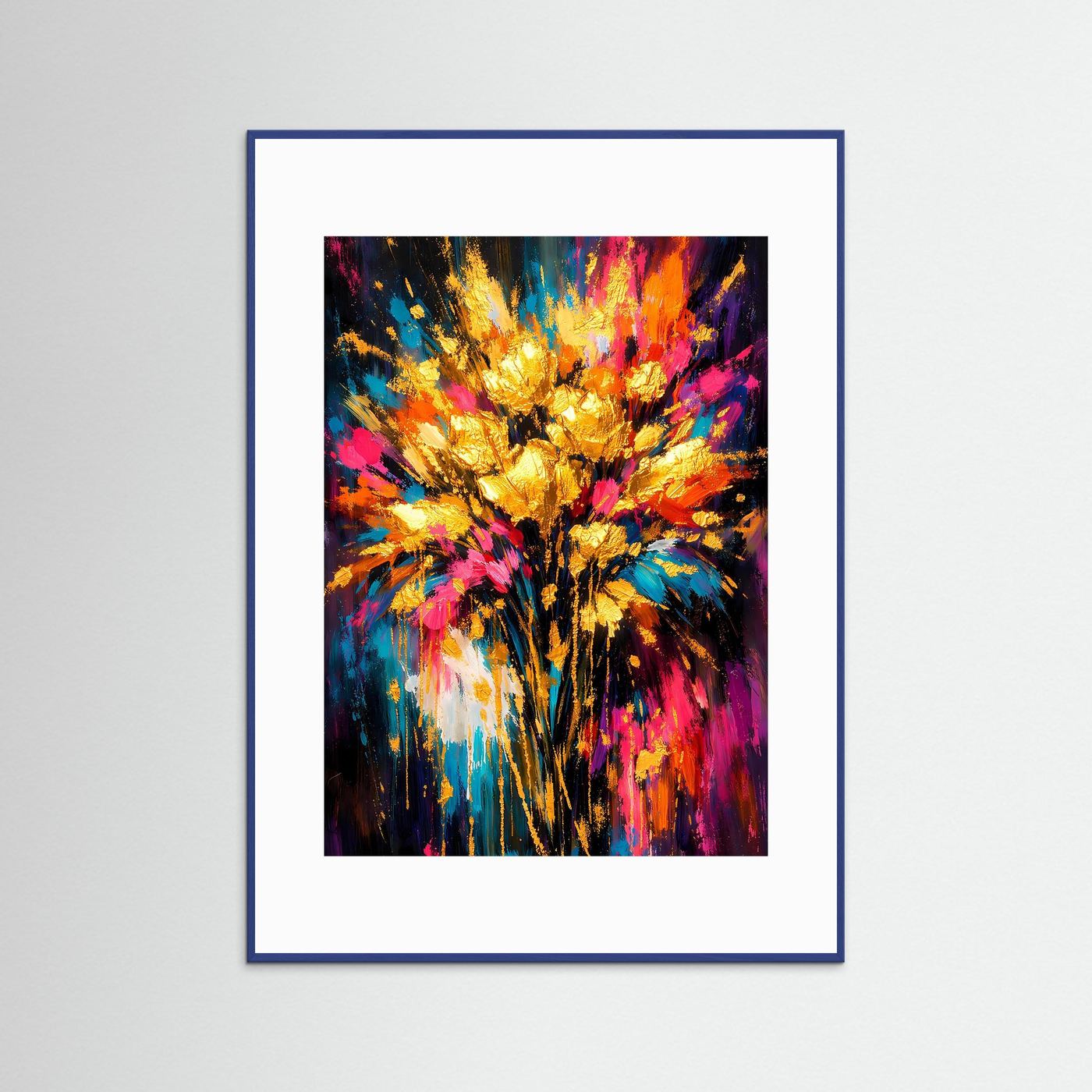 Blumenstrauß-Poster mit abstraktem Farbklecks-Motiv, goldene Akzente, blauer Rahmen