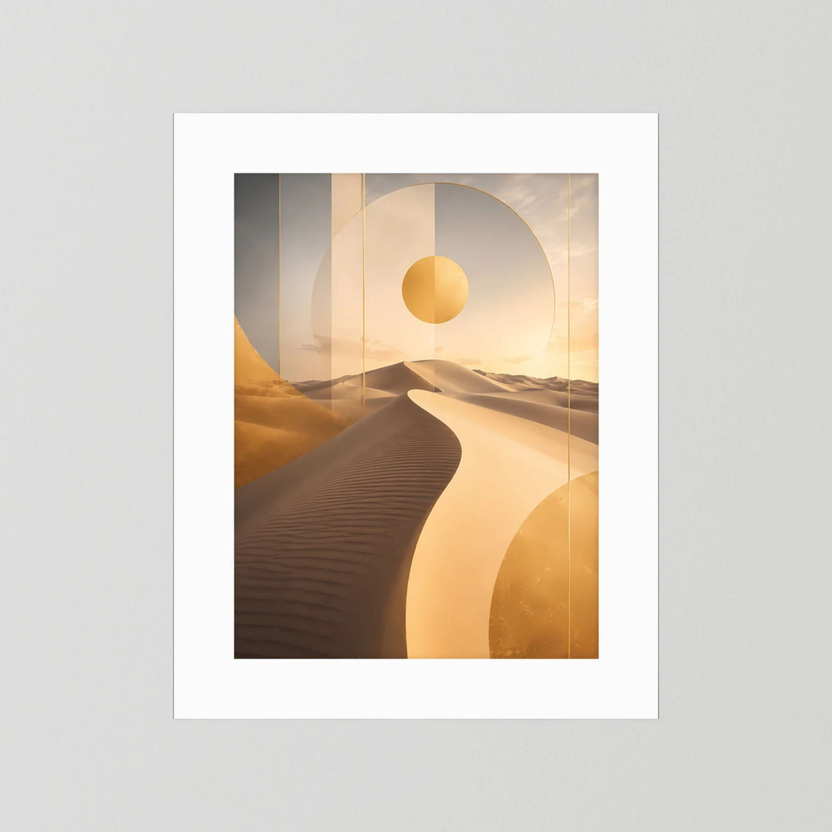Poster mit abstrakten Dünen und goldener Sonne im weißen Passepartout