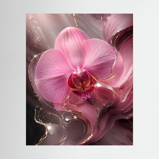 Rosa Orchideenblüte als abstraktes Wandposter mit Goldakzenten, ohne Rahmen