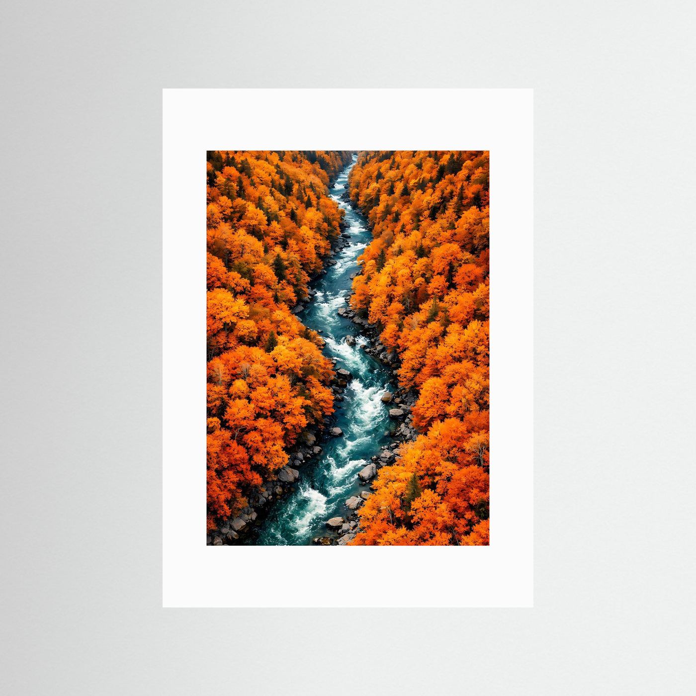 Herbst-Wandbild mit Fluss im orangefarbenen Wald, weißer Passepartout