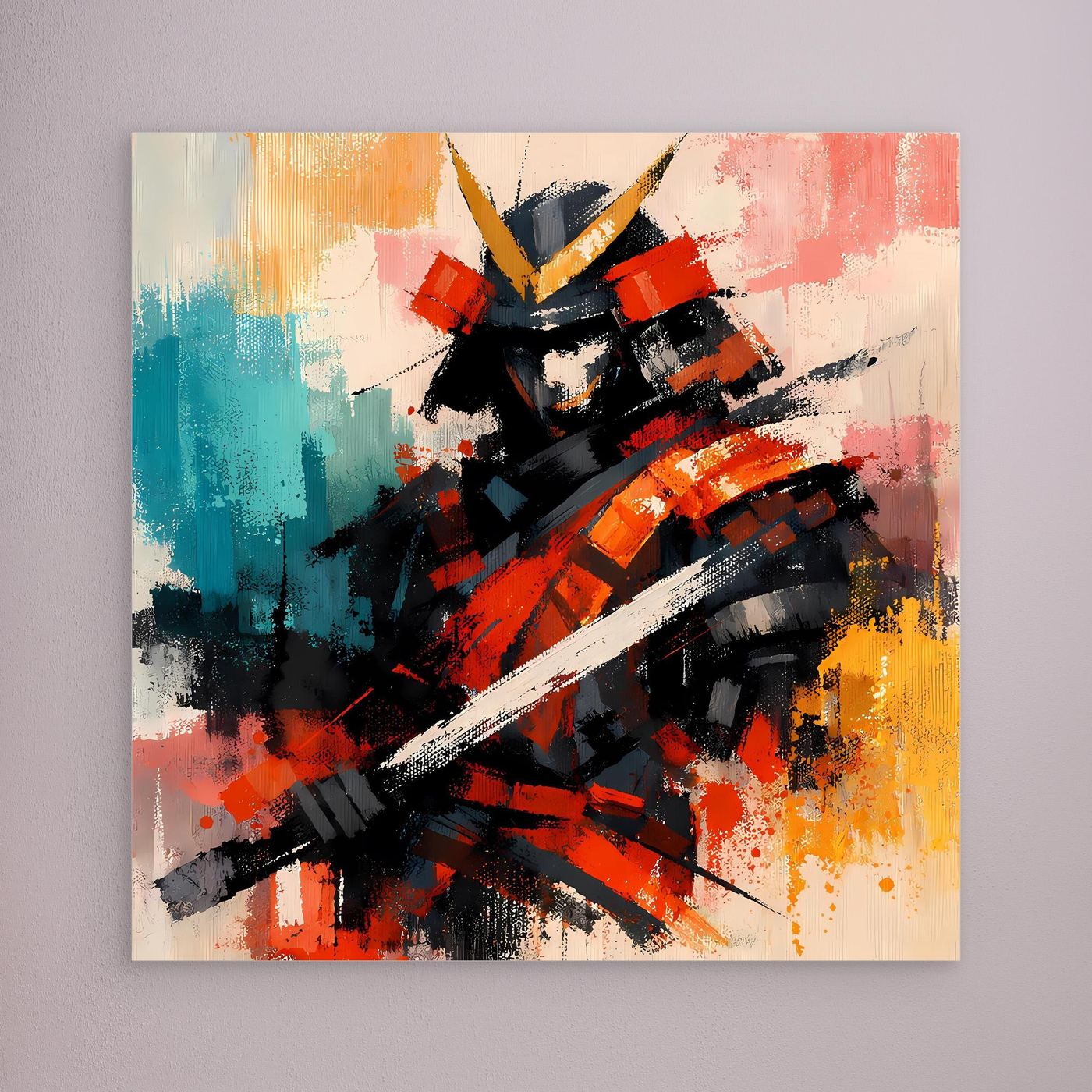 Wandbild auf Leinwand mit abstraktem Samurai-Krieger, ohne sichtbaren Rahmen
