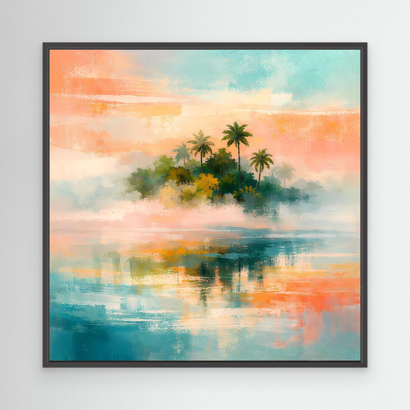 Abstraktes Wandbild mit Palmeninsel und Meer, türkis-rosa Farbverlauf im schwarzen Rahmen