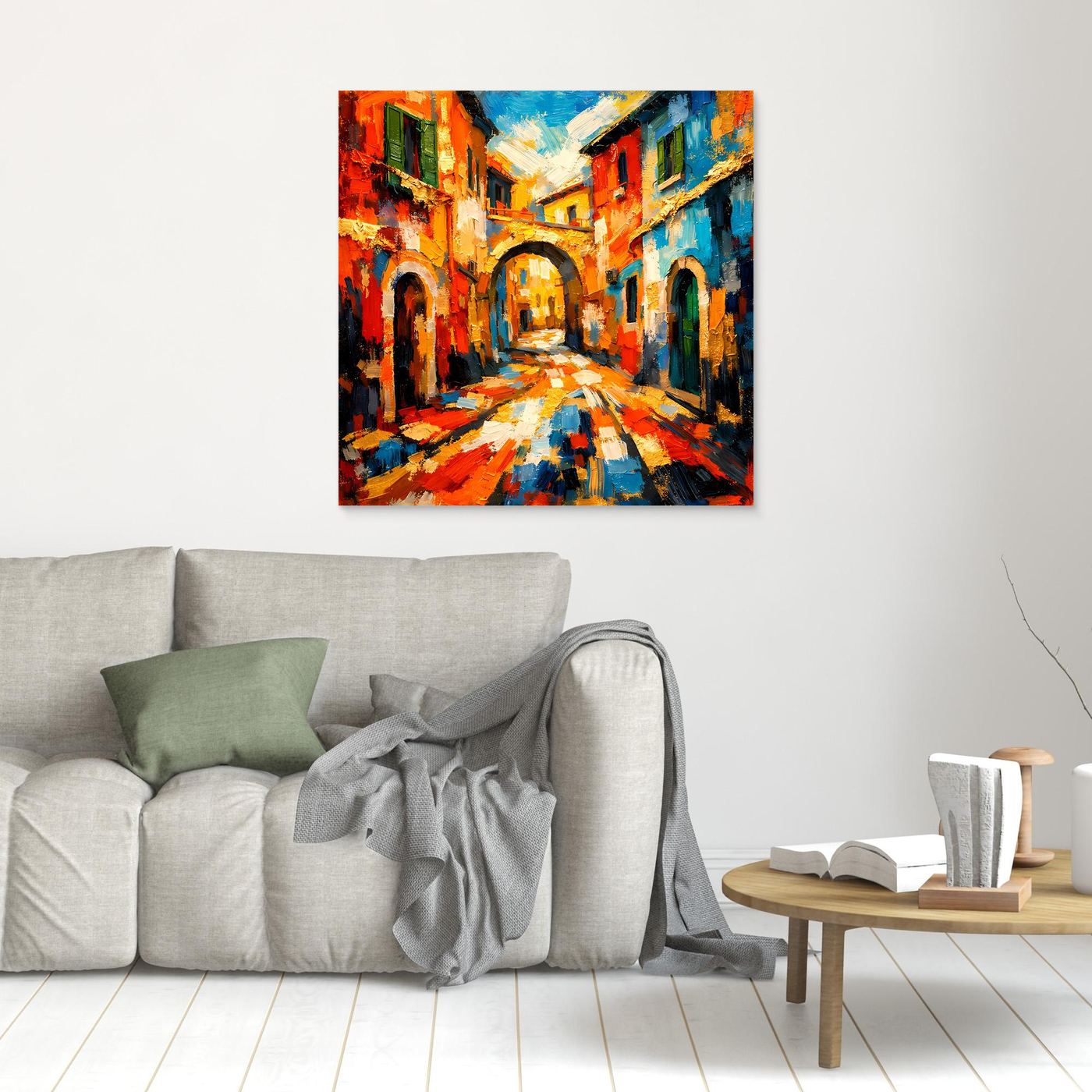 Leinwandbild mit schmalem Rahmen: abstrakte Gasse, orange-rote und blaue Farbfelder