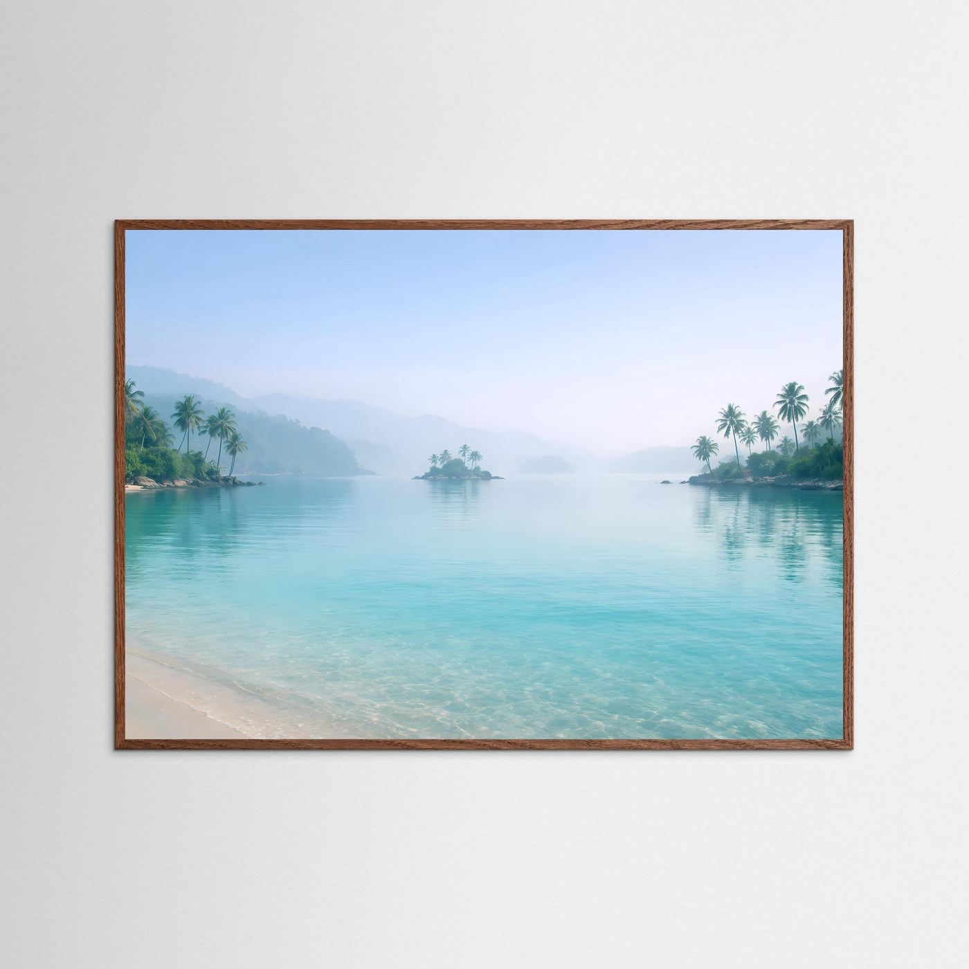 Tropisches Inselparadies im Nebel | Strand & Palmen Wandbild Querformat