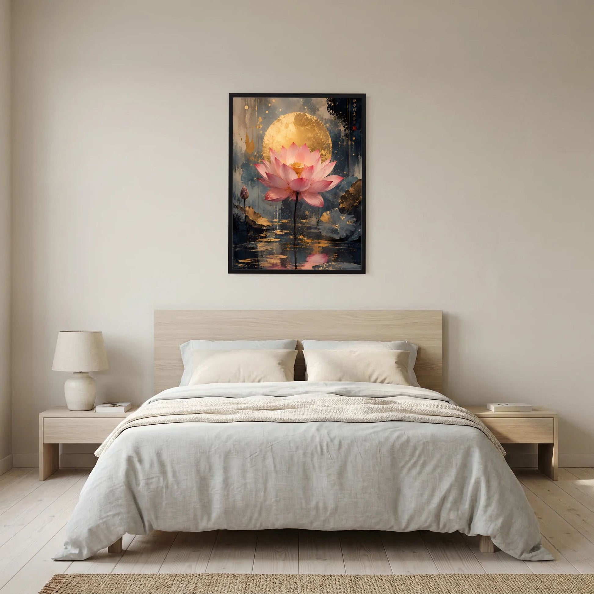 Gerahmtes Hochformat-Poster mit rosa Lotusblüte vor goldener Scheibe und Spiegelung im Wasser