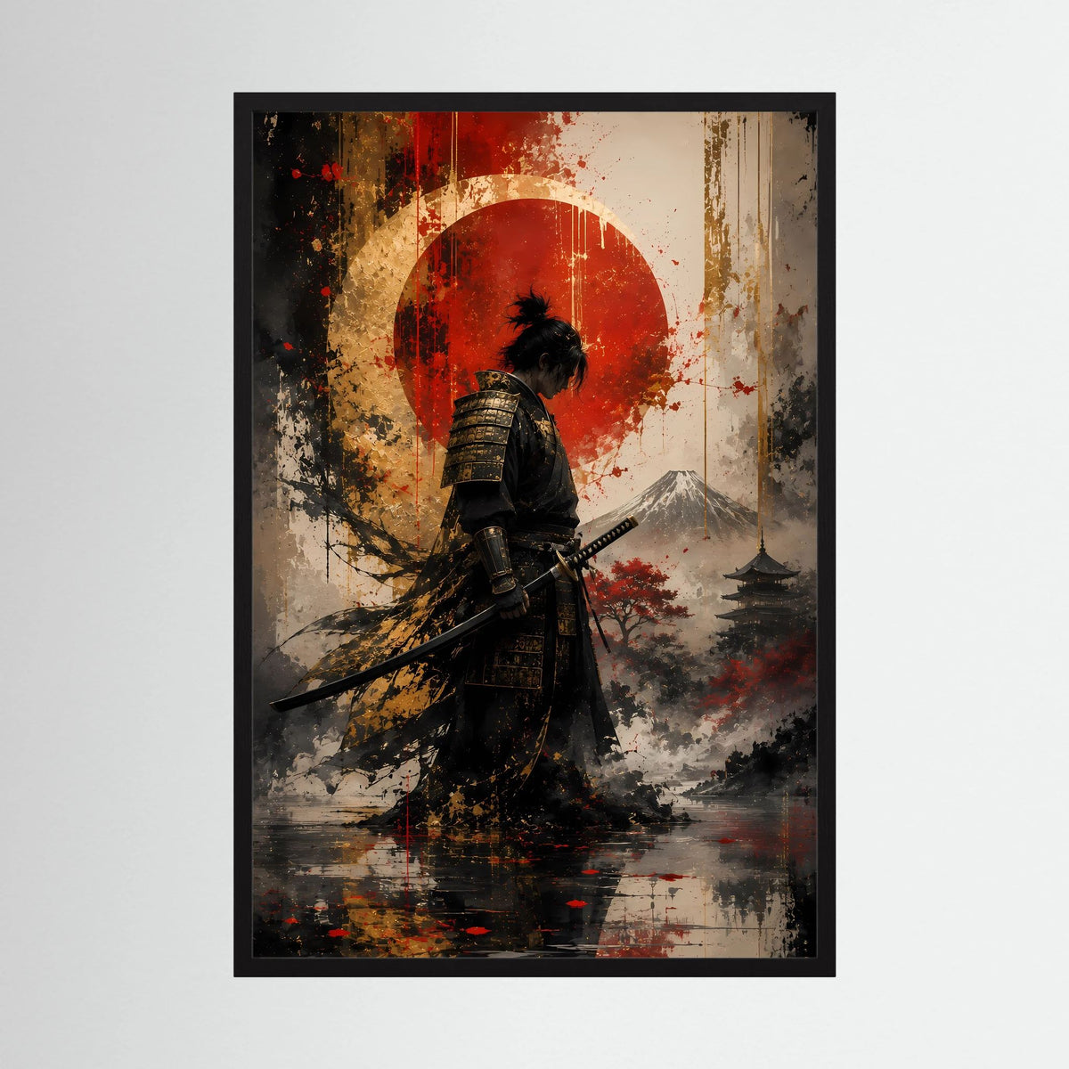 Gerahmtes Japanisches Samurai-Kunstposter im Hochformat, schwarzer Rahmen: Katana vor roter Sonne.