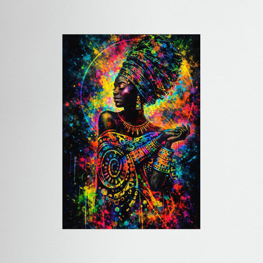 Poster mit Porträt einer afrikanischen Frau, abstraktes Farbfeuer, ohne sichtbaren Rahmen