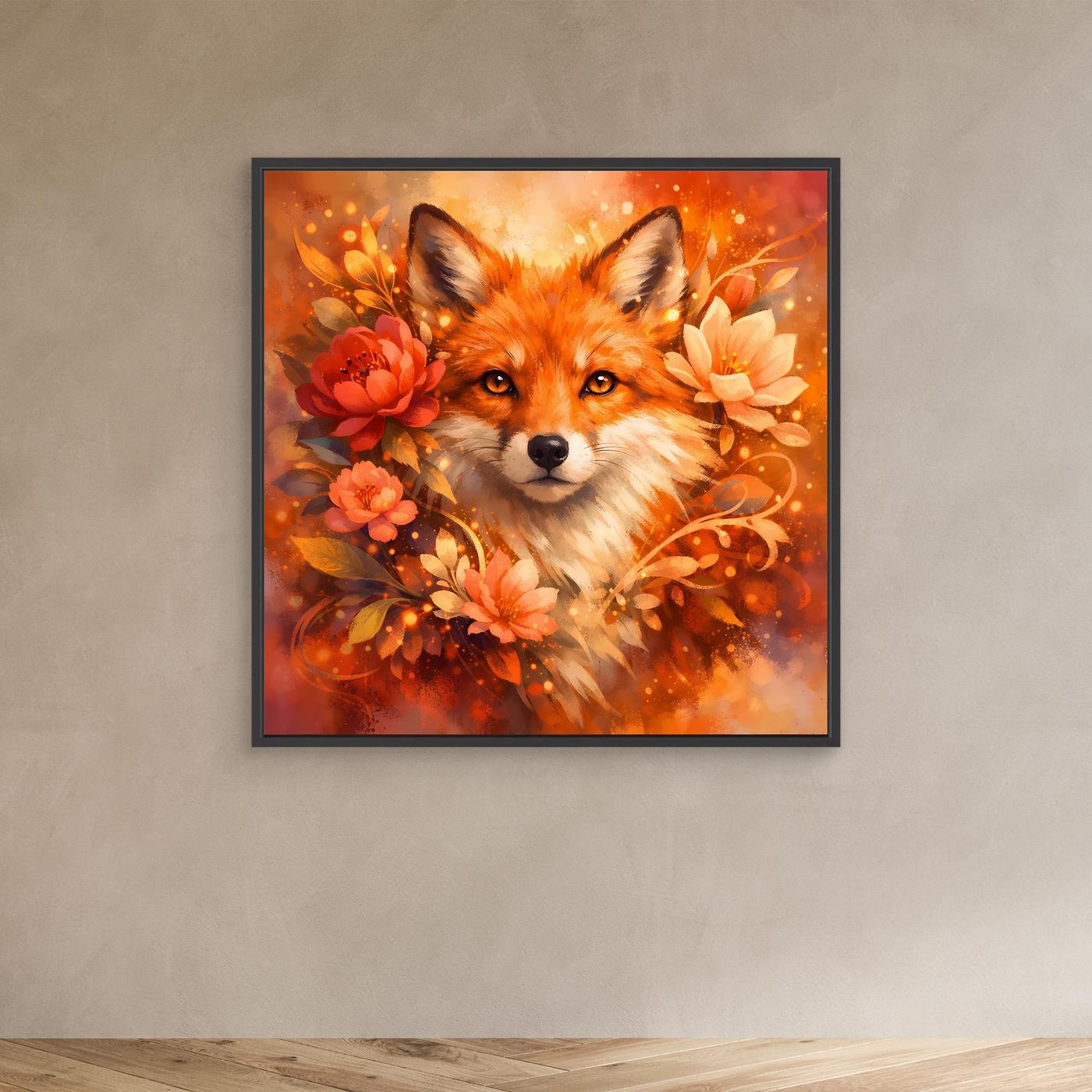Leinwandbild Fuchs mit Blumenkranz, orangefarben, im schwarzen Rahmen