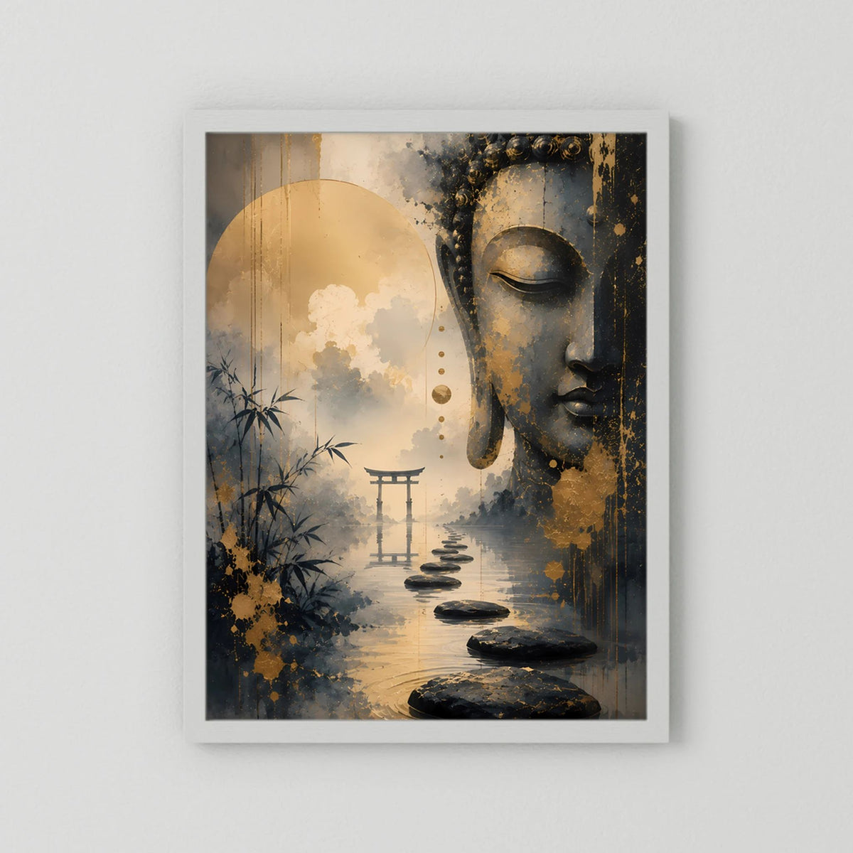 Poster im Hochformat mit Buddha-Gesicht in Gold-Schwarz, ohne Rahmen, auf weißem Rand