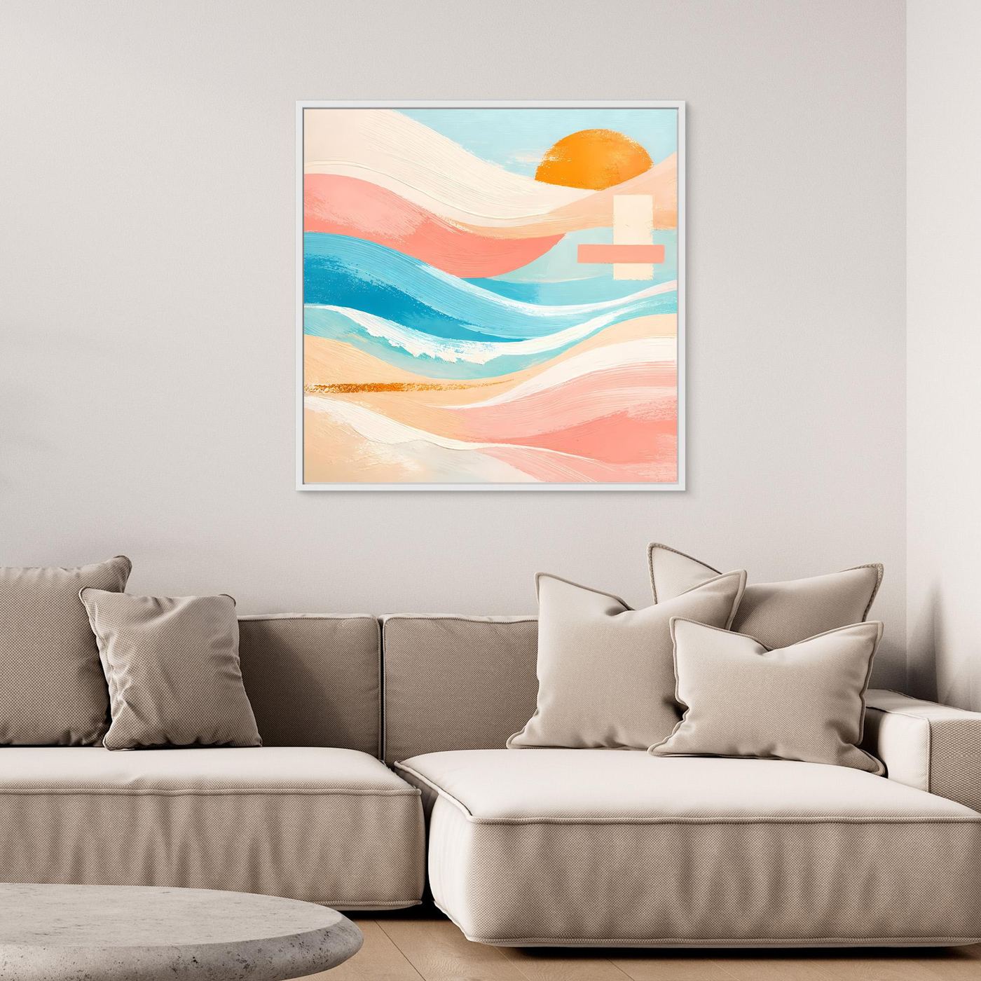 Quadratisches Leinwandbild mit abstraktem Meer und orangefarbener Sonne in Pastell, weißer Rahmen