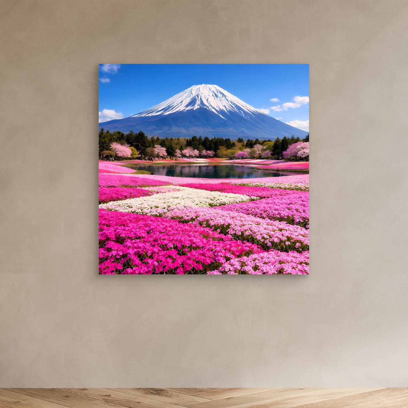 Leinwandbild mit Fuji, See und Kirschblüten, ohne Rahmen, blauer Rand
