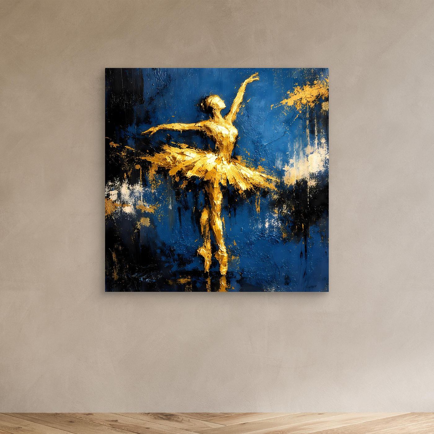 Leinwand Elegante Ballerina in Gold und Blau | Abstraktes Ballett Wandbild