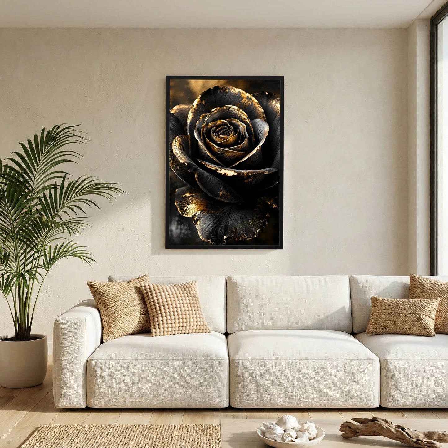 Poster mit schwarzer Rose und goldenen Akzenten im schmalen schwarzen Rahmen