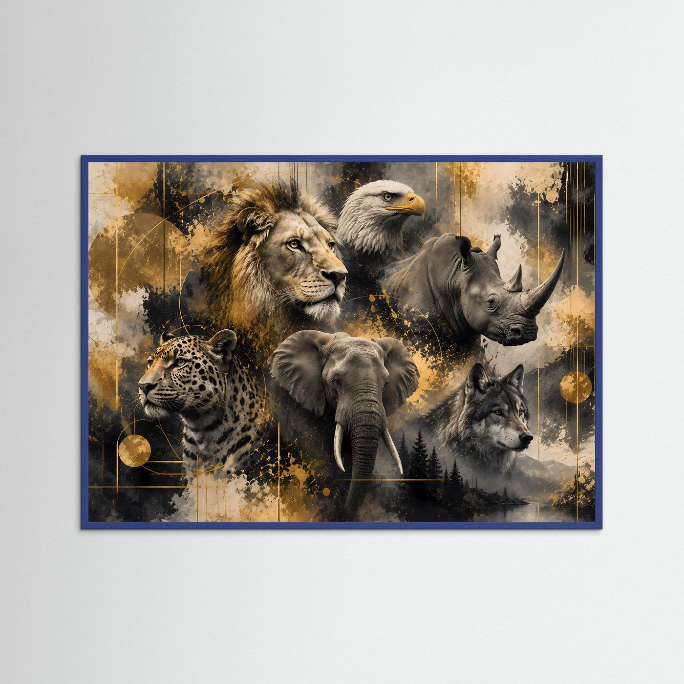 Querformatiges Wildtier-Poster mit blauem Rahmen: Löwe, Elefant, Nashorn, Wolf, Adler