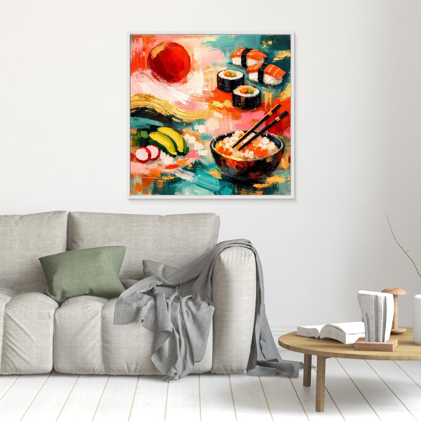 Leinwandbild mit Sushi-Motiv, klein an der Wand: schwarze Rollen, orange Stücke, Stäbchen