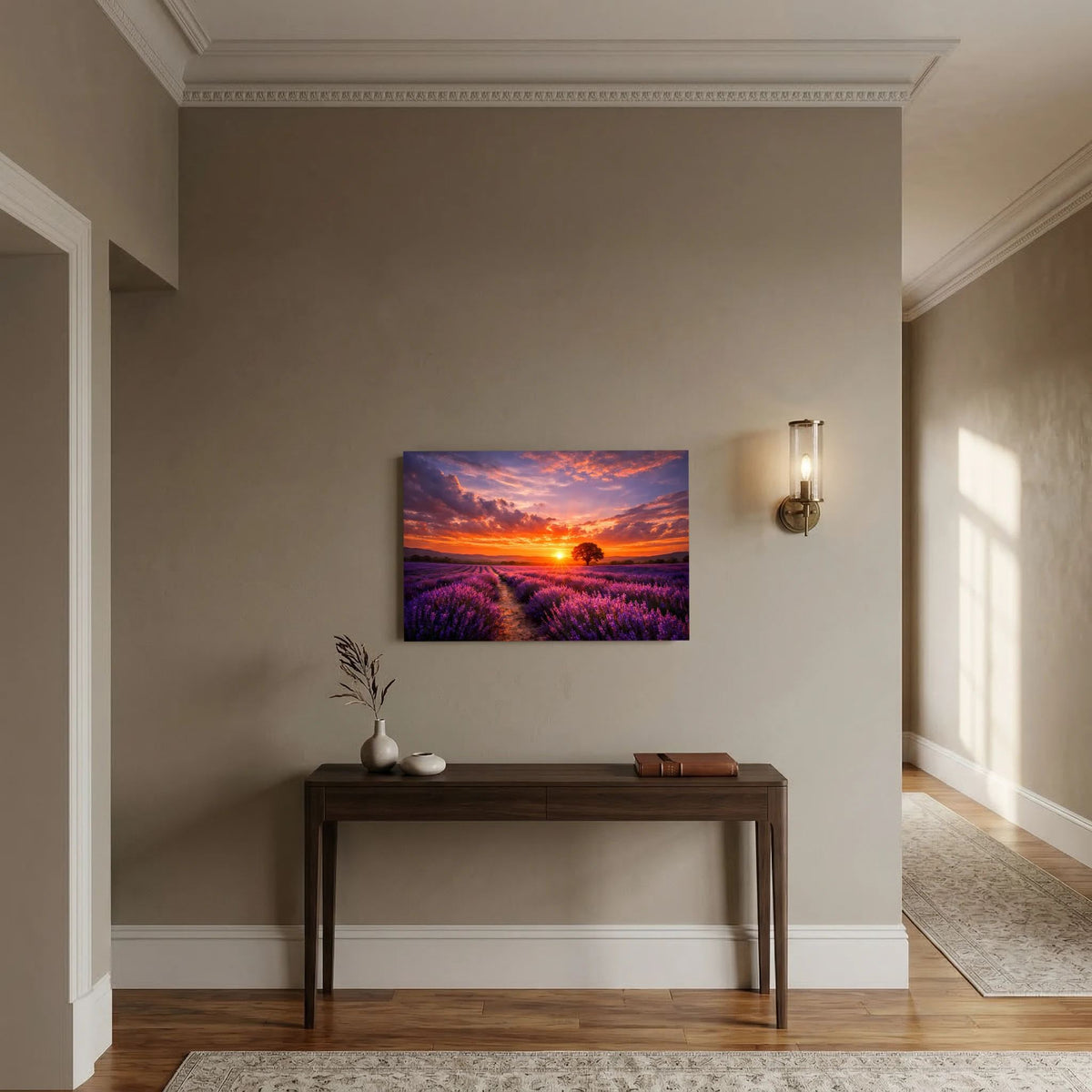 Wandbild mit Lavendelfeld-Landschaft im Sonnenuntergang, quadratisches Print